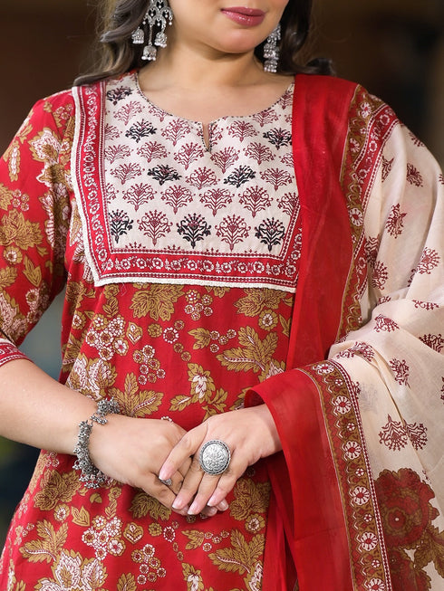 Women Plus Size Maroon Pure Cotton Kurta Set With Dupatta